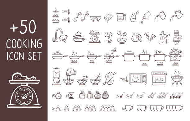 Cooking instructions doodle icon set Set of hand drawn cooking icons, perfect for giving cooking instructions and explain cooking recipes. Hand drawn doodle icons isolated on white background. cooking stock illustrations