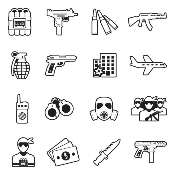 ilustraciones, imágenes clip art, dibujos animados e iconos de stock de iconos terroristas. línea con diseño de relleno. ilustración vectorial. - computer icon symbol knife terrorism