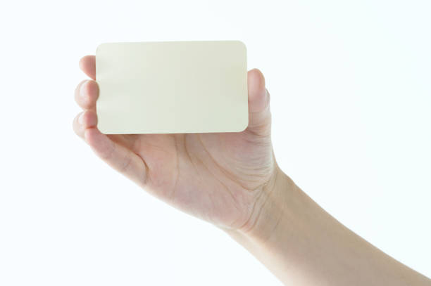 Woman hand holding a empty card on white background.