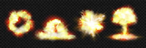 ilustrações, clipart, desenhos animados e ícones de explosões de explosão, bombas nucleares com nuvens de fogo e poluição atmosférica, ícones 3d realistas vetorísticos isolados em fundo transparente. cogumelo nuclear da explosão, efeitos do estouro da explosão da dinamite - nuclear energy flash