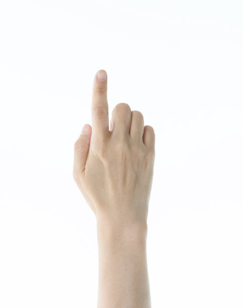 istock Woman hand pointing on white background 1189907303