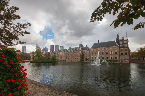 Cityscape of Den Haag (the Hague) with the historic Binnenhof houses of the parliament along the Hofvijver, Netherlands