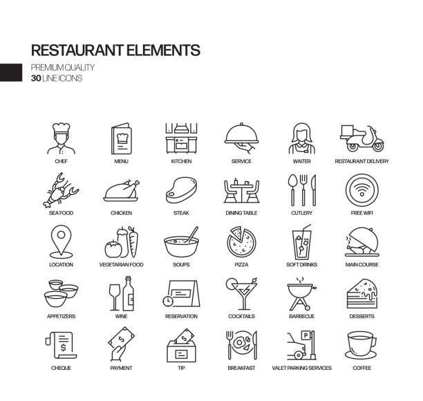 illustrazioni stock, clip art, cartoni animati e icone di tendenza di set semplice di icone della linea vettoriale correlate al ristorante. insieme outline symbol - gastronomico
