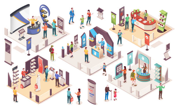 personen auf expo oder business exhibition, vector isometric icons. technologie- und wirtschaftsmesse mit messeständen, unternehmensberatern, info-schaltern, promotion-bannern und vitrinen - ausstellung stock-grafiken, -clipart, -cartoons und -symbole