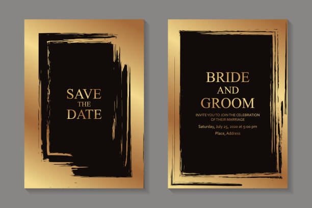 Set of modern grunge luxury wedding invitation design or card templates for business or poster or greeting. Set of two cards with golden paint brush strokes frames on a black background. thank-you-gold-greeting-card stock illustrations
