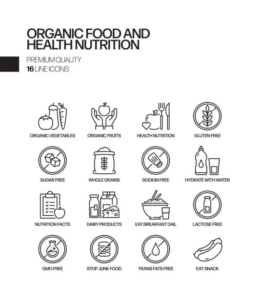 prosty zestaw żywności ekologicznej i zdrowia żywienia związane vector line ikony. kolekcja symboli konspektu - antioxidant stock illustrations