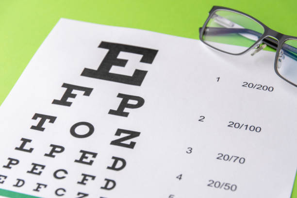 istock Glasses lying on a snellen table. Green background 1189910281