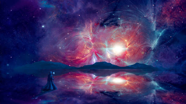 istock Space background. Magician standing on reflection surface with colorful fractal nebula and mountain sillhouette. Digital hand painting 1189912211