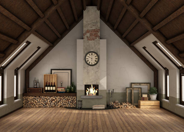 istock Retro attic with fireplace without furniture 1189912843