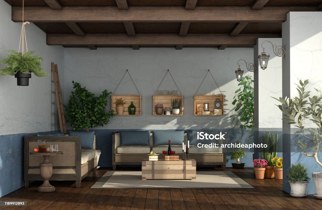 Porch in mediterranean style with vintage furniture Porch in mediterranean style with vintage furniture,plants and old walls- 3d rendering
Note: the room does not exist in reality, Property model is not necessary Porch Stock Photo