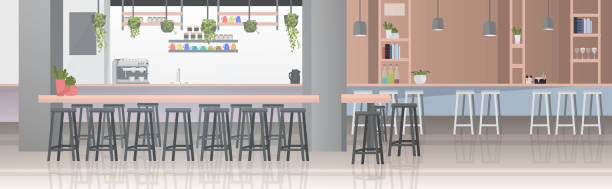 illustrations, cliparts, dessins animés et icônes de intérieur moderne de café vide aucun restaurant de personnes avec des meubles horizontaux - bar stools illustrations