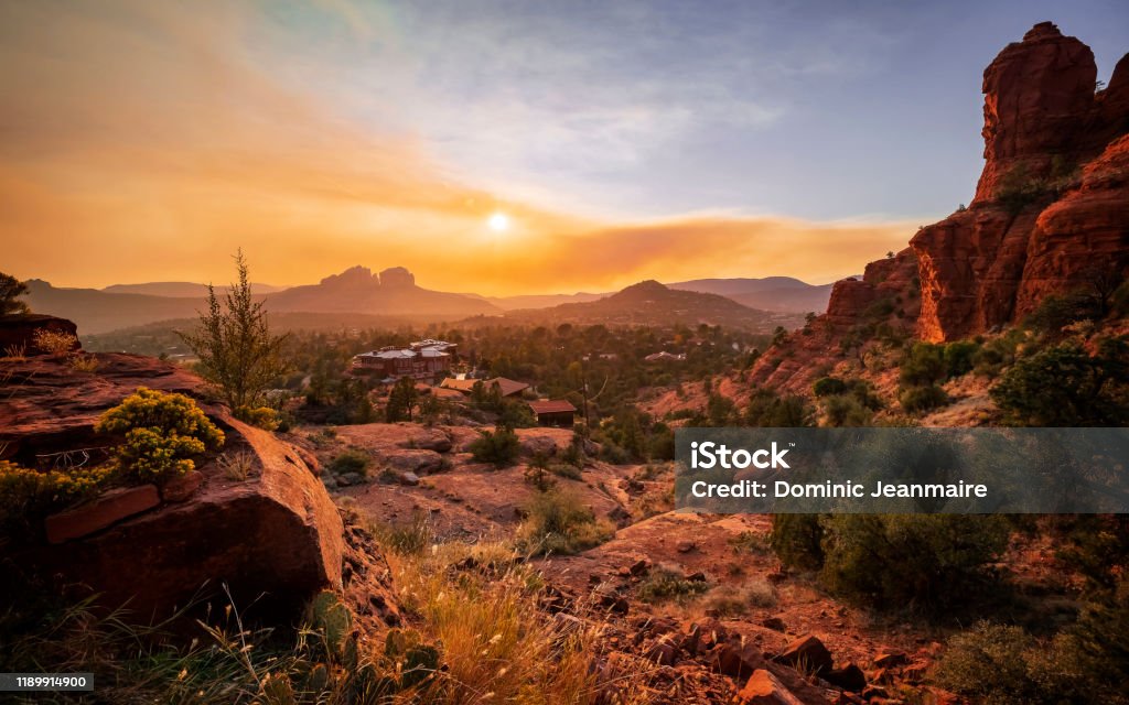 Sedona at sunset view from the Chapel of the Holy Cross Arizona Stock Photo