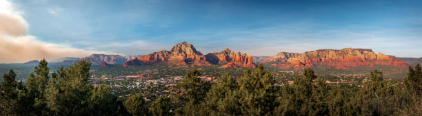 Panoramic view of Sedona shortly before sunset Panoramic view of Sedona shortly before sunset red rocks state park arizona photos stock pictures, royalty-free photos & images