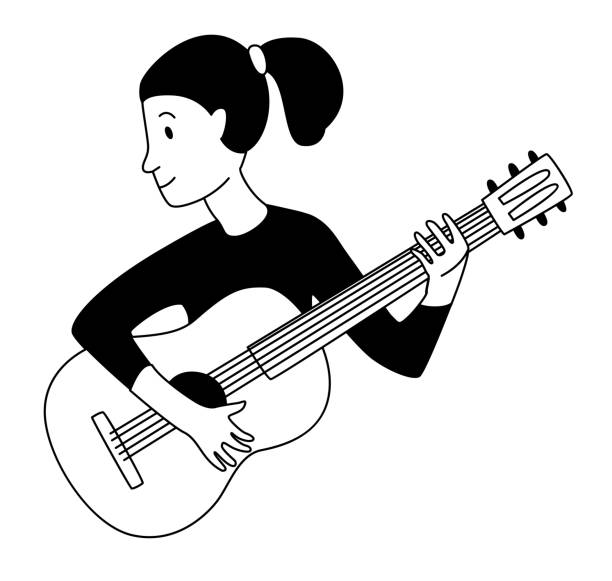 illustrazioni stock, clip art, cartoni animati e icone di tendenza di lezioni di musica chitarrista chitarrista studentesco linea icona clipart doodles - guitar celebration line art musical instrument