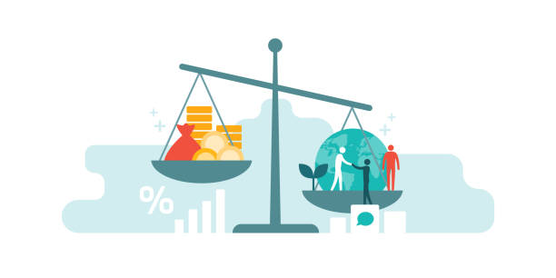 Business, profit and human rights Scale with wealth and cash money on a plate and people, world, environment on the other; balancing business profits and human rights responsibility illustrations stock illustrations