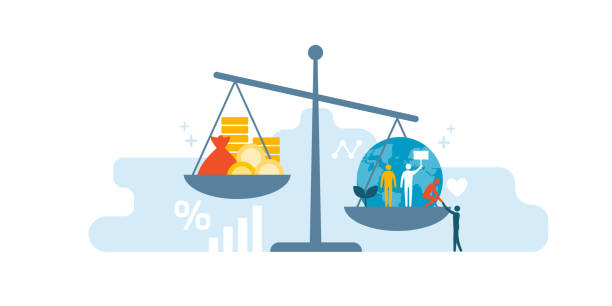 Business, profit and human rights Scale with wealth and cash money on a plate and people, world, environment on the other; balancing business profits and human rights international politics stock illustrations