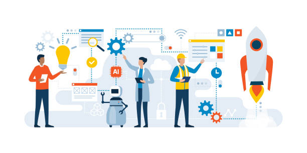 Creative idea implementation and startup launch Creative idea implementation, production process and startup launch, people and robot working together engineer stock illustrations