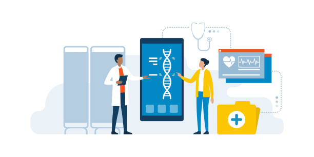 Doctor and patient using medical apps Doctor and patient using medical apps for diagnostics and making a DNA test to detect diseases, innovative healthcare concept dna test stock illustrations