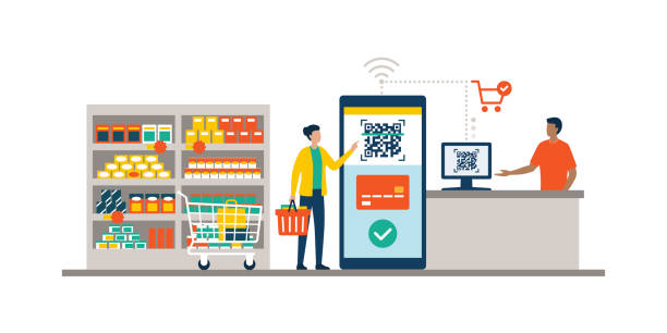 Mobile payment at the supermarket Woman doing grocery shopping and using her smartphone for mobile payment at the checkout discount store illustrations stock illustrations