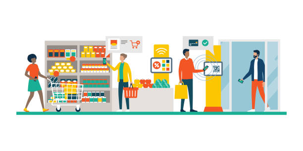 People doing grocery shopping using AR and mobile payments People doing grocery shopping at the supermarket and buying products, they are checking offers using augmented reality apps on their phones and paying with mobile payment discount store illustrations stock illustrations