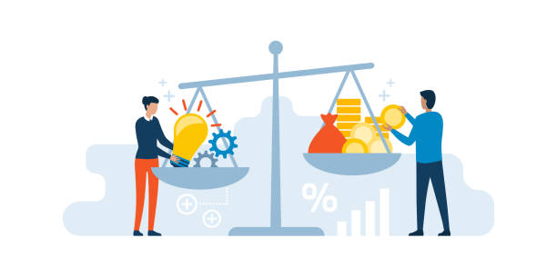 Selling creative ideas Woman putting her creative ideas on a dish of a scale and investor adding cash money on the other dish: selling ideas, patents and investments concept weight scale illustrations stock illustrations