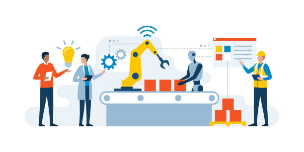 Smart industry production process Smart industry production process with workers, robots and interactive interface computer aided manufacturing stock illustrations