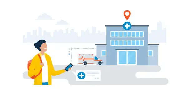 Vector illustration of Woman finding a hospital using a navigation app on the phone