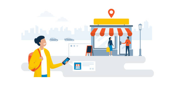 Woman finding a shop using her smartphone Happy woman walking in the city street and finding a shop using her smartphone, online advertisement and navigation concept global positioning system illustrations stock illustrations