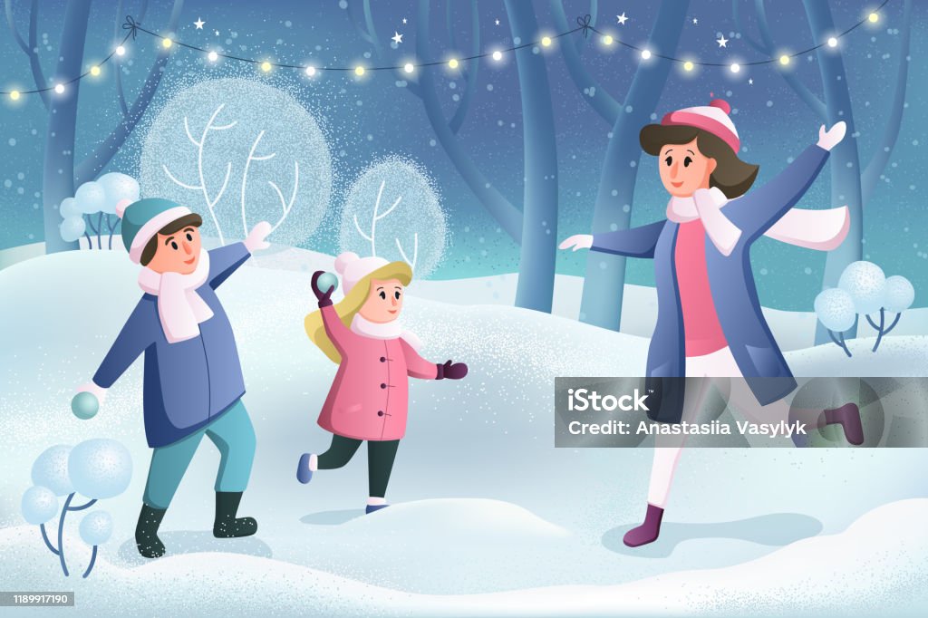 Winter Family Fun Holidays Card Happy Cartoon Characters Mother Plays  Snowballs With Her Children In A Winter Park Merry Christmas And Happy New  Year Stock Illustration - Download Image Now - iStock