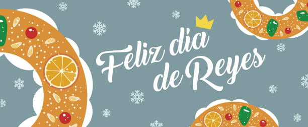 illustrations, cliparts, dessins animés et icônes de feliz dia de reyes (happy epiphany day) roscon de reyes (king's cake) bannière. - galette des rois