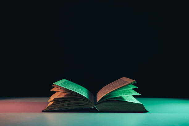 istock Beautiful open old book in the color light on a table and night background. 1189917865