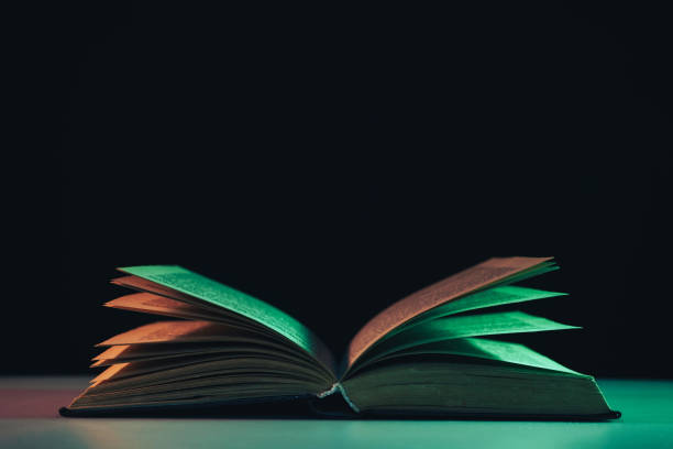 istock Beautiful open old book in the color light on a table and night background. 1189917889