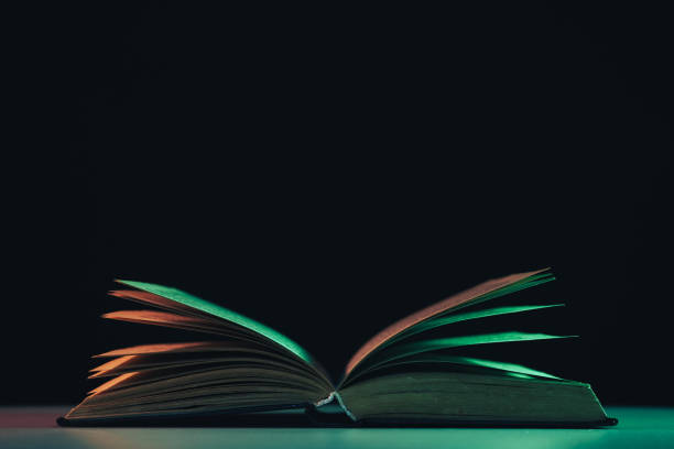 istock Beautiful open old book in the color light on a table and night background. 1189917919