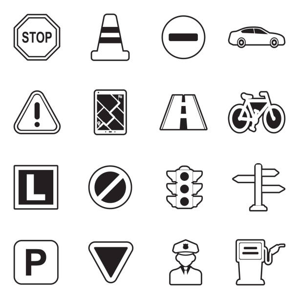Traffic Icons. Line With Fill Design. Vector Illustration. Traffic, Street Sign, Road, Transportation, Vehicles Driveway stock illustrations