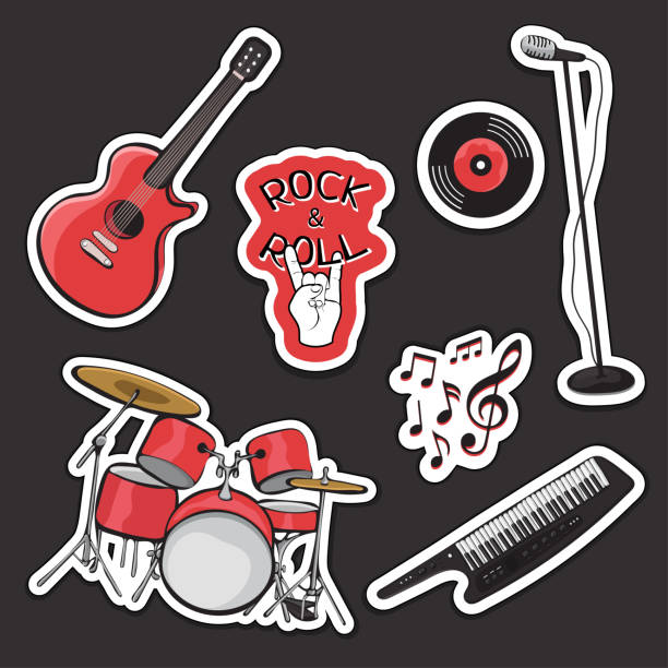 illustrazioni stock, clip art, cartoni animati e icone di tendenza di imposta adesivo di strumenti musicali, contorno cartone animato disegno a mano, icona rock and roll. batteria rossa nera, sintetizzatore, chitarra, microfono isolato su sfondo scuro. illustrazione vettoriale - drum roll