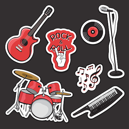 Set sticker of musical instruments, outline cartoon hand drawing, rock and roll vintage icon. Black red drum kit, synthesizer, guitar, microphone isolated on dark background. Vector illustration