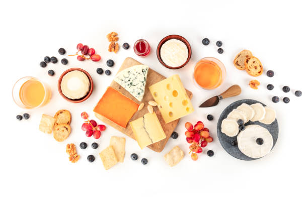 cheese and wine, tasting and pairing, an overhead flat lay shot on a white background - italian cuisine wine food pasta imagens e fotografias de stock