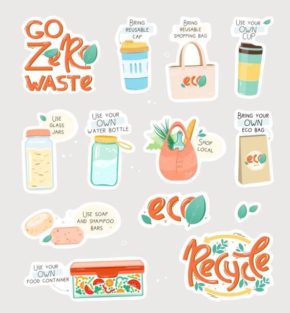 Set of eco stickers. Set of eco stickers. Collection of zero waste reusable items or products - glass jars, eco grocery bags, thermo mug, food container, soap and shampoo bars. Eps 10 flat vector illustration. blue reusable water bottle stock illustrations