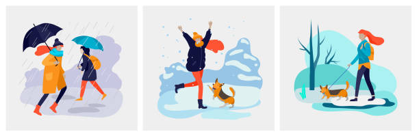 bildbanksillustrationer, clip art samt tecknat material och ikoner med ung kvinna med sin hund i olika väderförhållanden. flicka i säsongens kläder och njuter gå på gatan i regn, snöfall, sommarvärme - winter storm