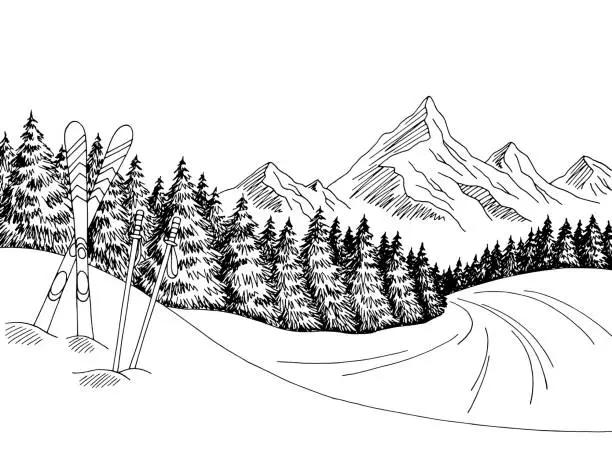 Vector illustration of Mountain skiing graphic art black white landscape sketch illustration vector