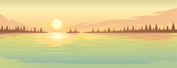 zachód słońca nad jeziorem i lasem jodłowym na wybrzeżu. - sign wood cartoon landscape stock illustrations