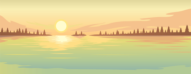 Summer rural landscape. Sunset over the lake and fir forest on the coast.