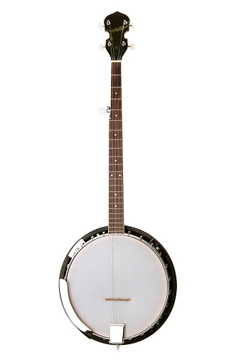 Banjo on white. Six strings banjo starte view.