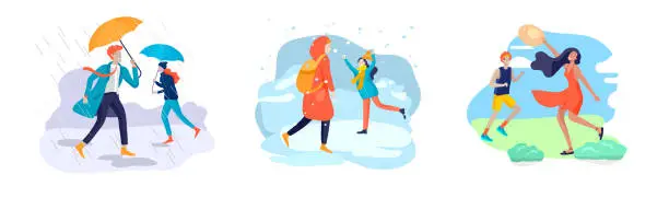 Vector illustration of Young woman with her dog in various weather conditions. Girl in seasonal clothes and enjoys walking on street in rain, snowfall, summer heat