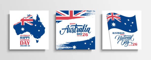 australien-tag, 26. januar grußkarten mit hand-schriftzug, pinselstriche, winkende australische nationalflagge und karte von australien gesetzt. - australia australia day celebration flag stock-grafiken, -clipart, -cartoons und -symbole