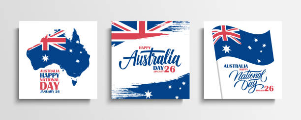 ilustraciones, imágenes clip art, dibujos animados e iconos de stock de día de australia, 26 de enero tarjetas de felicitación con letras a mano, pinceladas, ondeando la bandera nacional australiana y el mapa de australia. - australia australia day celebration flag