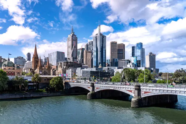 Melbourne / Australia - October 25 2019 : Melbourne city business district (CBD), Yarra River, Princess Bridge, Australia
