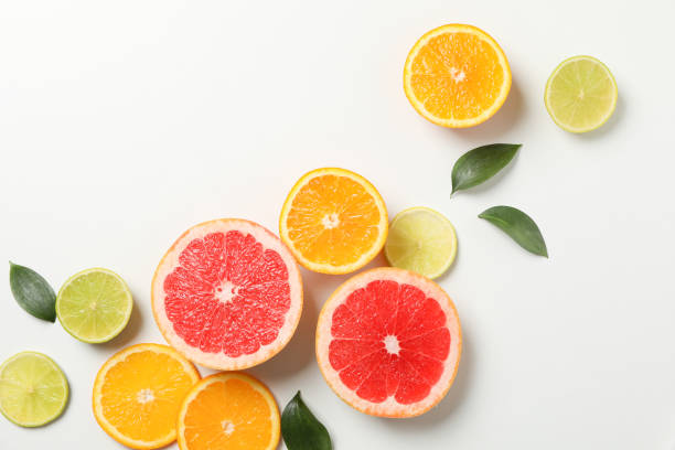 istock Flat lay with exotic fruits on white background, top view 1189927370
