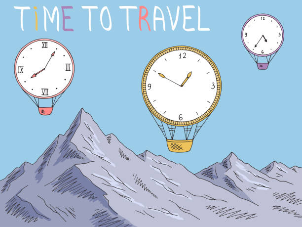 illustrazioni stock, clip art, cartoni animati e icone di tendenza di tempo di orologio di montagna per viaggiare mongolfiera grafico colore orizzontale disegno illustrazione vettore - text sky abstract air