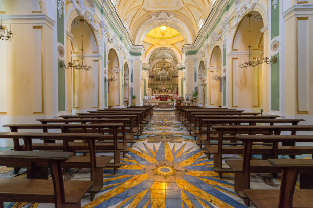 NAPLES, ITALY - 10.05.2018: Interiors and details of the Duomo, cathedral of Praiano church, Amalfi Coast. Built for saint Januarius, Campania, Italy in summer. NAPLES, ITALY - 10.05.2018: Interiors and details of the Duomo, cathedral of Praiano church, Amalfi Coast. Built for saint Januarius, Campania, Italy in summer. praiano photos stock pictures, royalty-free photos & images